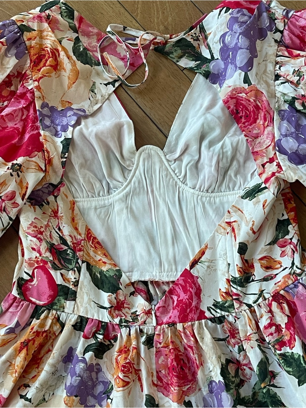 Buddy Love Floral Puff Sleeve Mini Dress L Cottagecore Scalloped Bust Boho - Picture 14 of 16